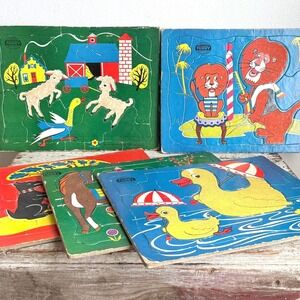Vintage Built-Rite Furry Puzzles Set of 5 Flocked Animal Tray Puzzles